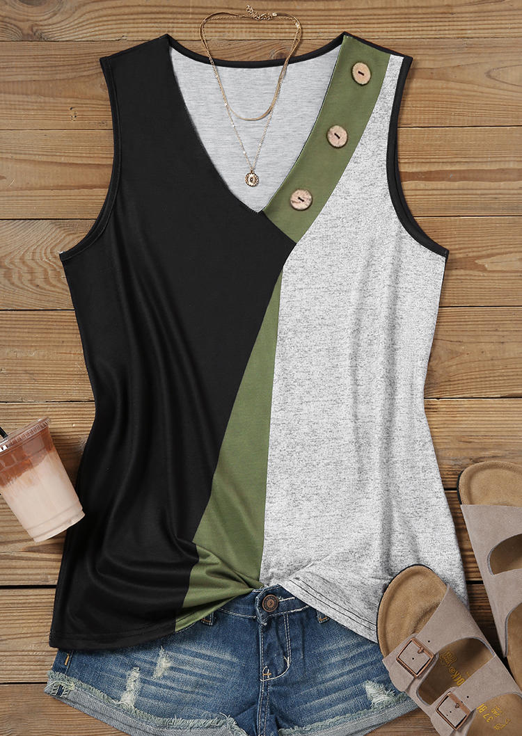 

Tank Tops Color Block Button V-Neck Tank Top in Multicolor. Size
