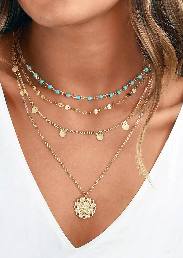 

Necklaces 3Pcs Multi-layer Beading Turquoise Disc Pendant Necklaces Set in Gold. Size
