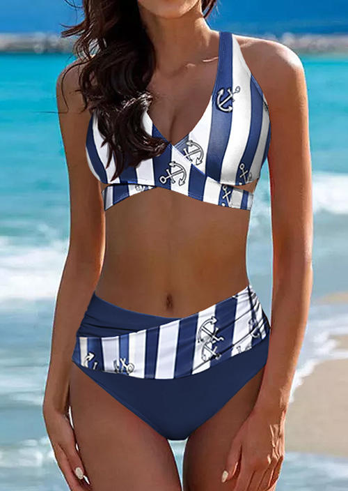 Striped Anchor Ruched Hollow Out Halter Bikini Set