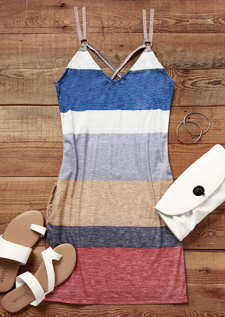 

Mini Dresses Color Block Striped Criss-Cross Pocket Mini Dress in Multicolor. Size