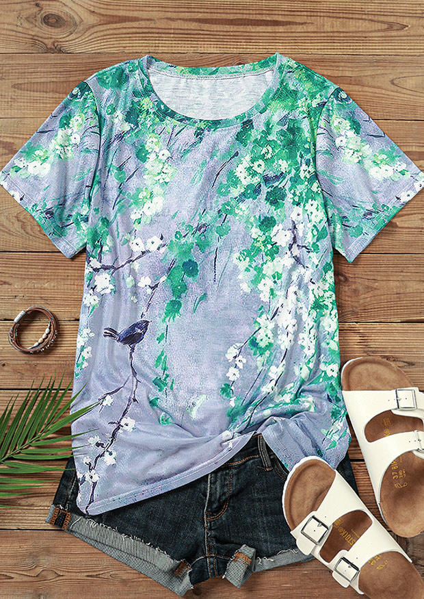 

Blouses Floral Bird Pastoral O-Neck Blouse in Multicolor. Size