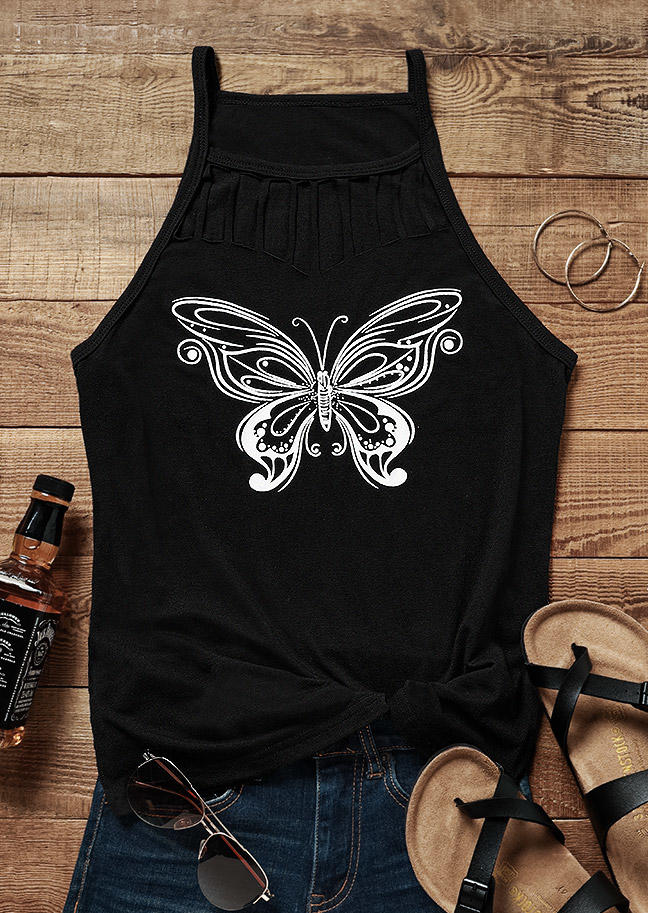 

Tank Tops Butterfly Hollow Out O-Neck Tank Top in Black. Size: L