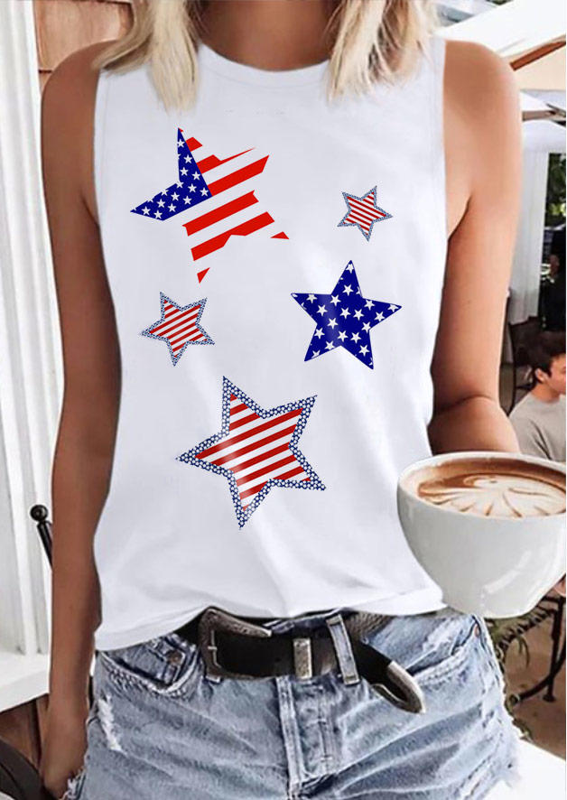 

Tank Tops American Flag Star O-Neck Tank Top in White. Size