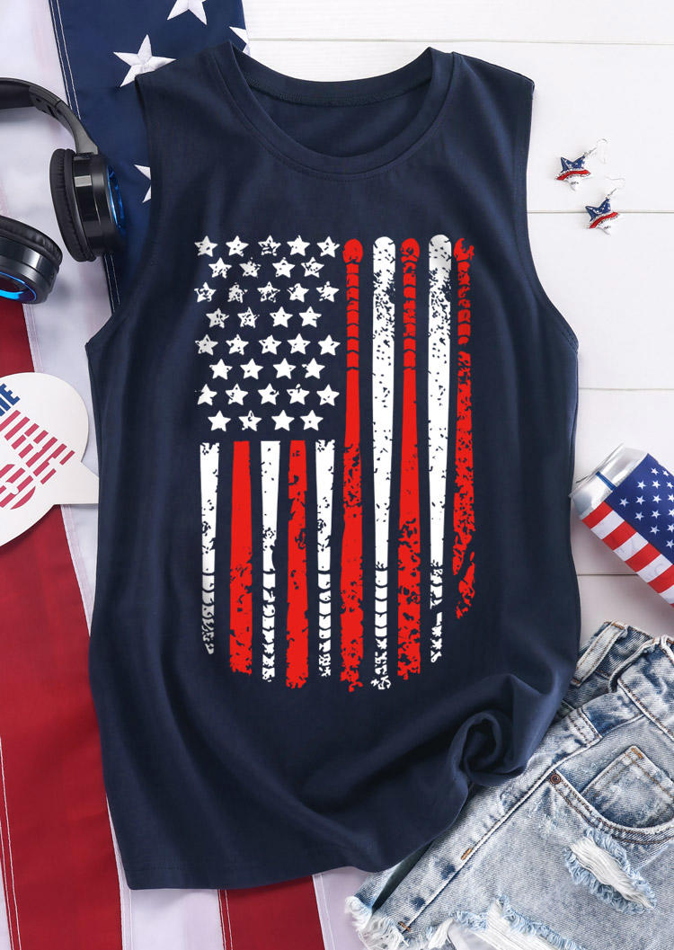 

Tank Tops American Flag Baseball Bat O-Neck Tank Top - Navy Blue in Blue. Size