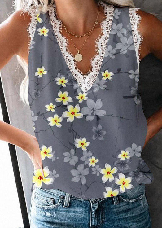 

Tank Tops Floral Casual V-Neck Tank Top in Multicolor. Size: L,M,,XL