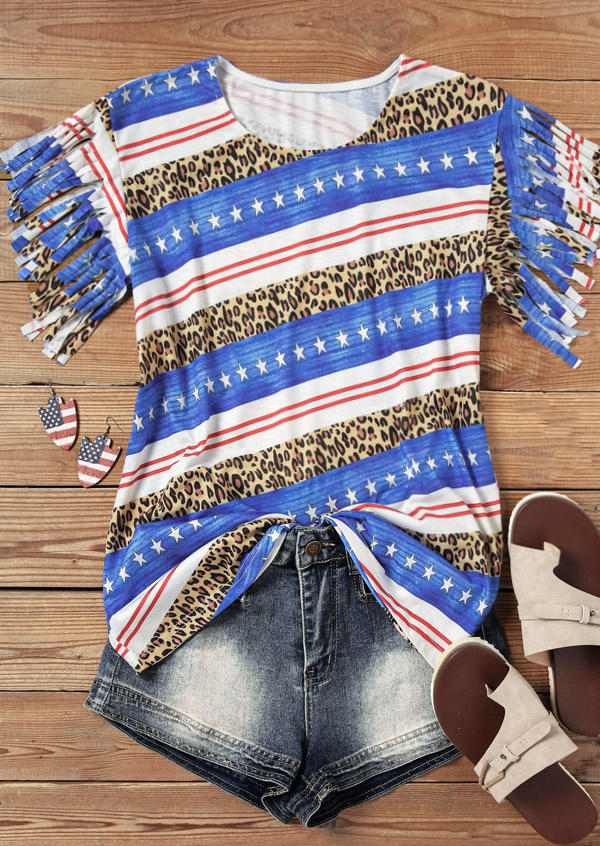 

Blouses Striped Star Leopard O-Neck Blouse in Multicolor. Size: L,M,,XL