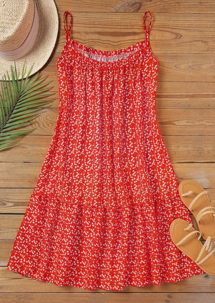 

Midi Dresses Dot Ruffled Loose Spaghetti Strap Midi Dress in Red. Size