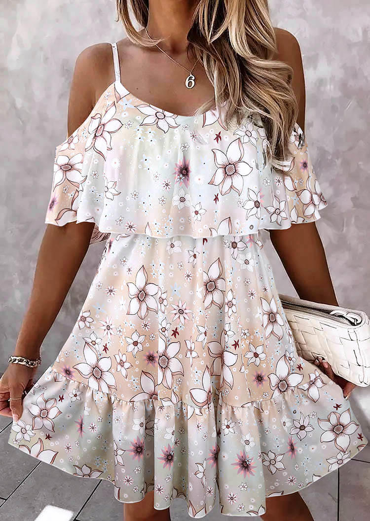 Floral Ruffled Layered Cold Shoulder Mini Dress