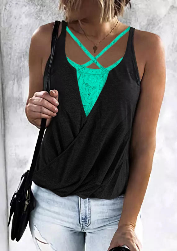 

Tank Tops Floral Criss-Cross Wrap Fake Two-Piece Tank Top in Black. Size: L,M