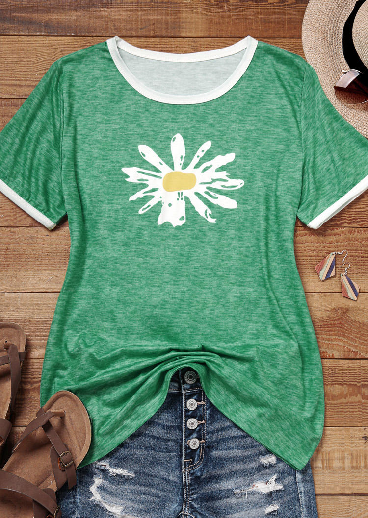 

T-shirts Tees Daisy Floral Splicing O-Neck T-Shirt Tee in Green. Size: L,,XL