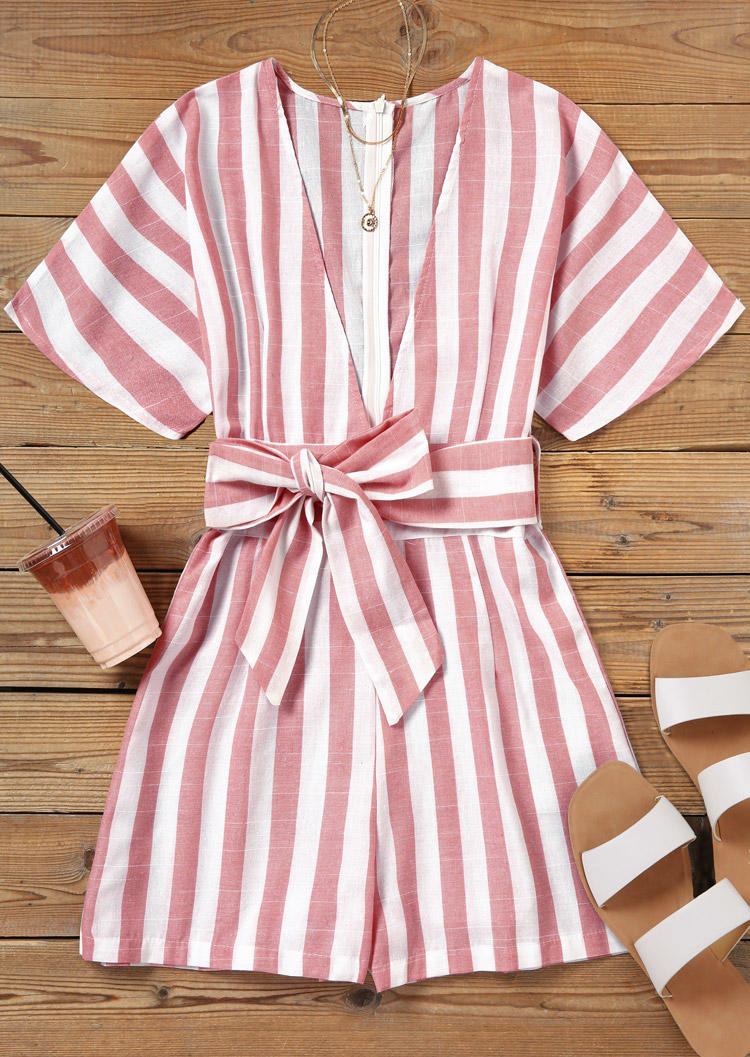 

Jumpsuits & Rompers Striped Zipper V-Neck Romper with Belt in Pink. Size
