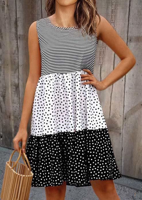 Color Block Striped Polka Dot Ruffled Sleeveless Mini Dress