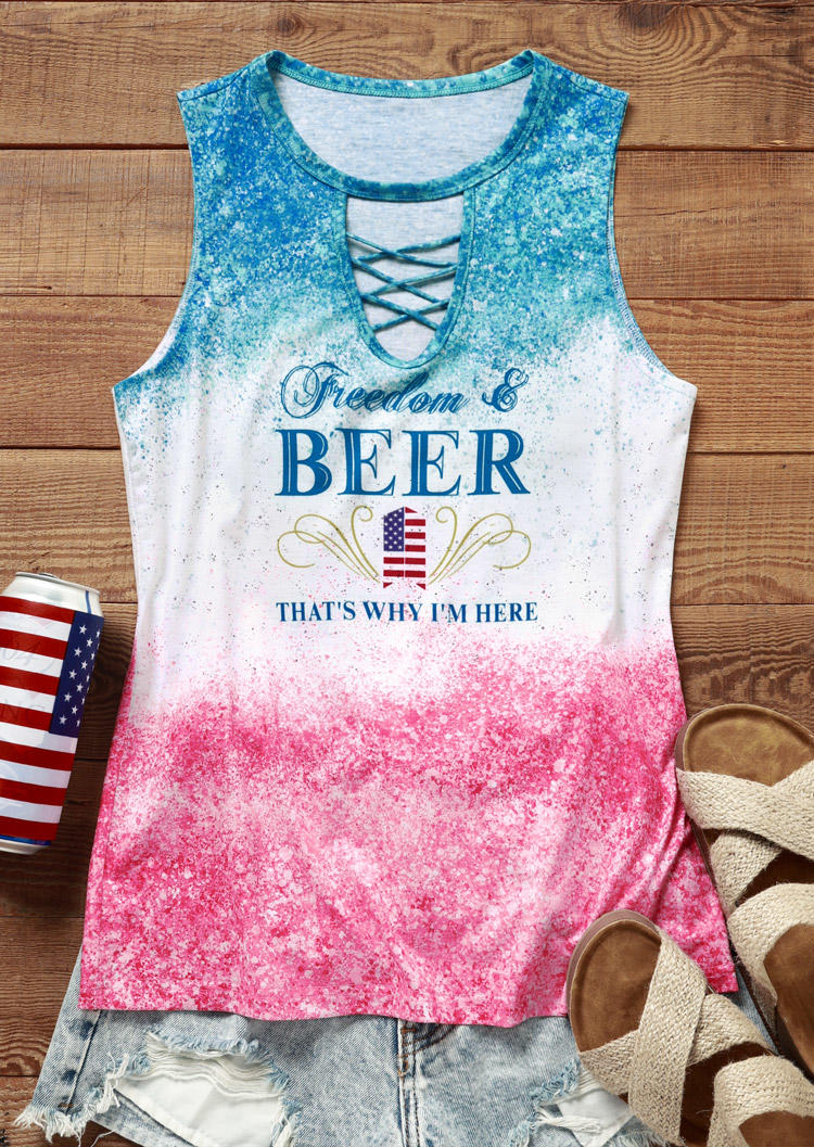 

Tank Tops Freedom & Beer That' Why I'm Here American Flag Glitter Criss-Cross Hollow Out Tank Top in Multicolor. Size: L,M,,XL