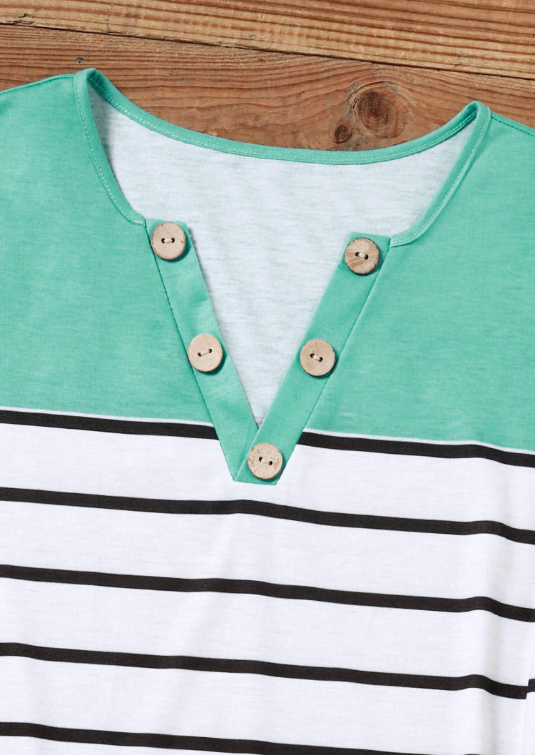 Color Block Striped Button Notched Collar Blouse