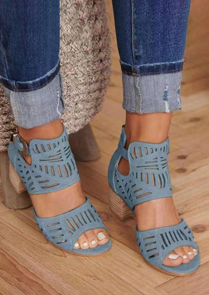Zipper Hollow Out Square Heel Sandals - Blue