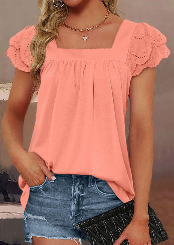 

Blouses Lace Splicing Ruffled Square Collar Blouse - Orange in Pink. Size: L,,XL