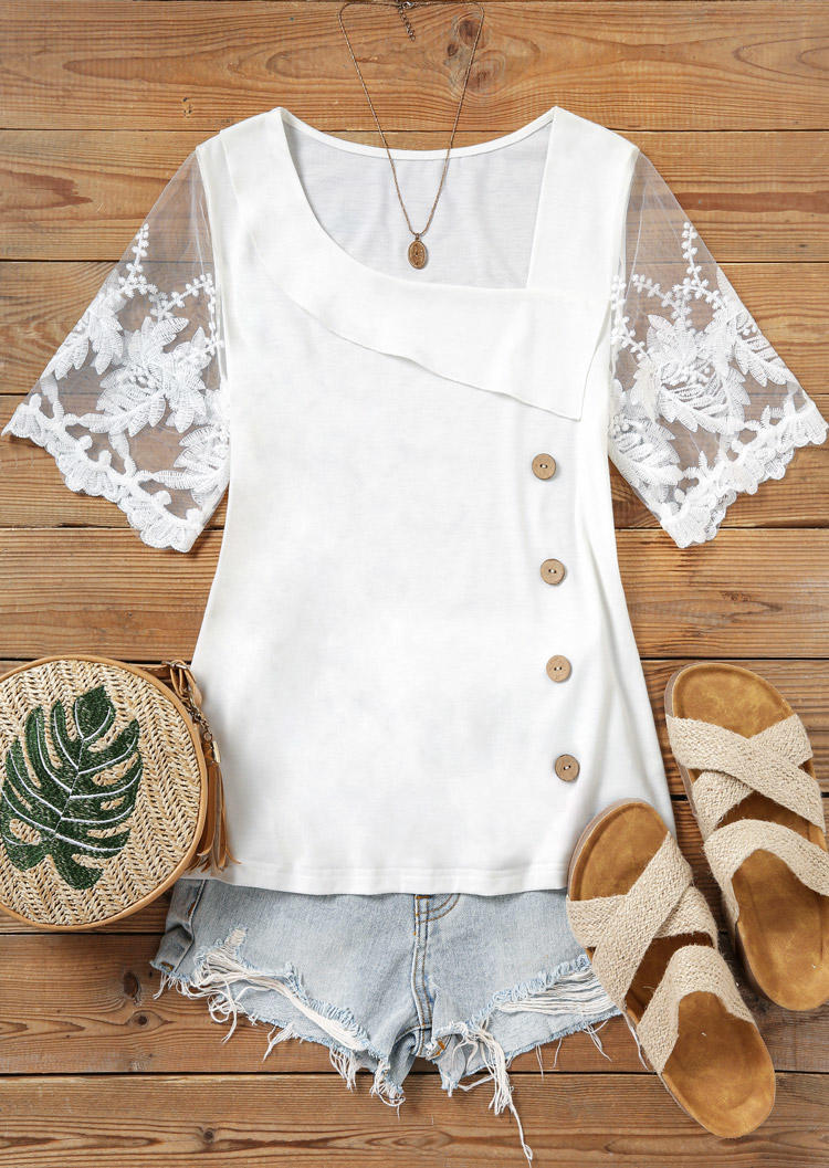 

Blouses Lace Splicing Button Asymmetrical Neck Blouse in White. Size: L