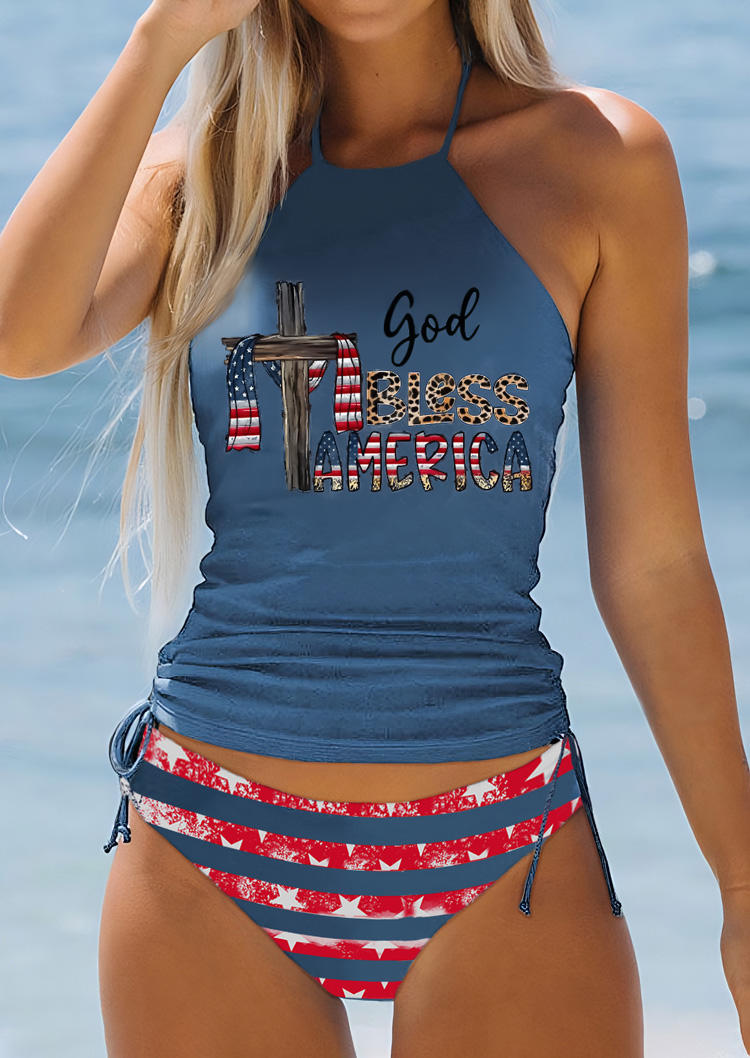 

Tankinis God Bless American Flag Leopard Halter Tie Tankini Set in Blue. Size: L,M,,XL