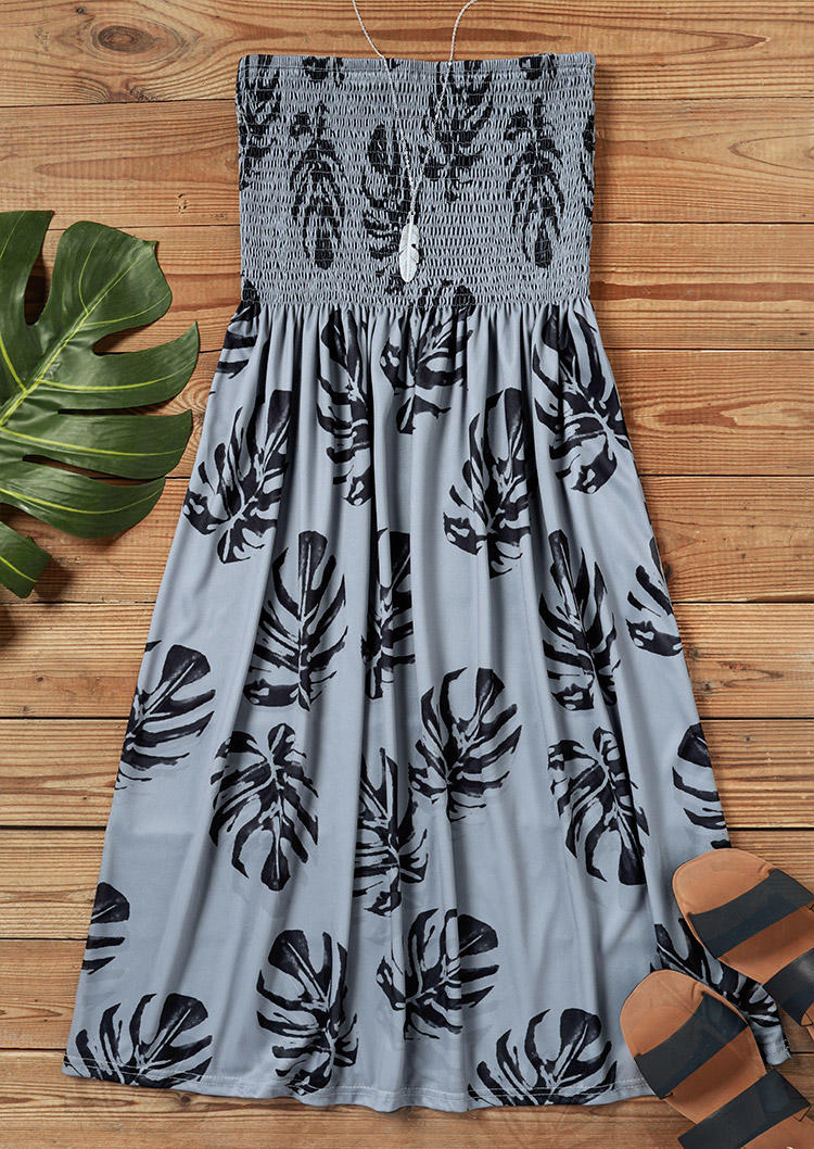 

Mini Dresses Palm Leaf Smocked Ruffled Strapless Bandeau Mini Dress in Gray. Size