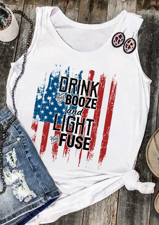 

Tank Tops Drink The Booze And Light The Fuse American Flag Tank Top in White. Size