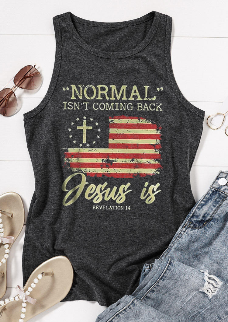 

Tank Tops Normal Isn't Coming Back Jesus Is American Flag Racerback Tank Top - Dark Grey in Gray. Size