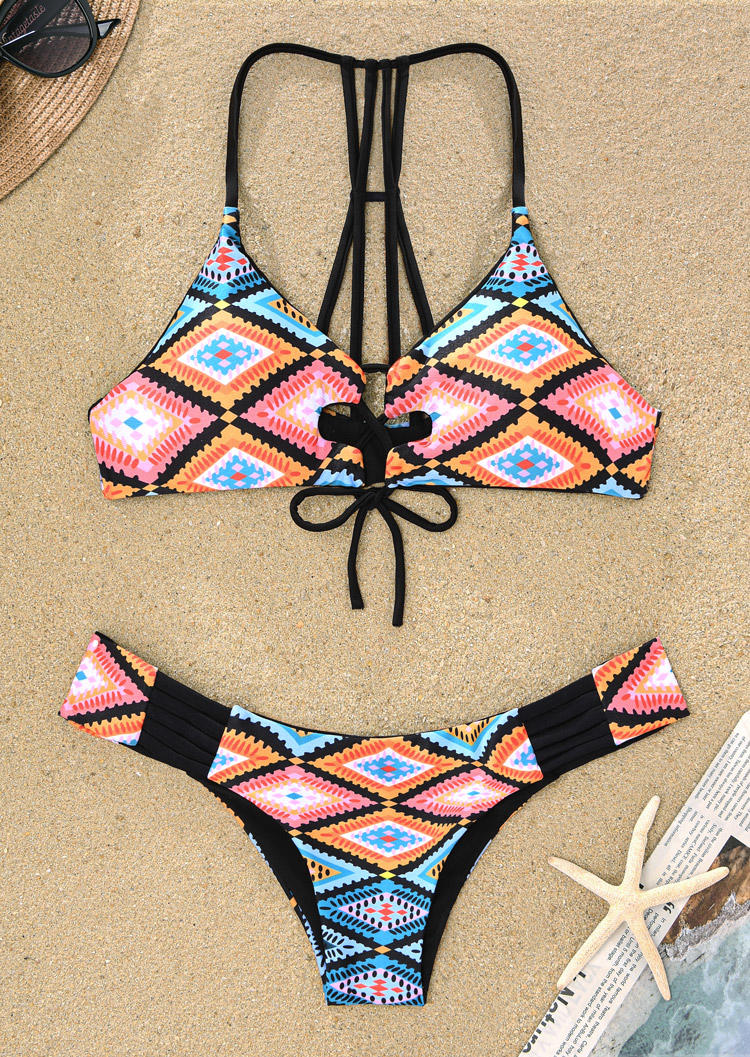 

Bikini Sets Aztec Geometric Criss-Cross Hollow Out Tie Bikini Set in Multicolor. Size