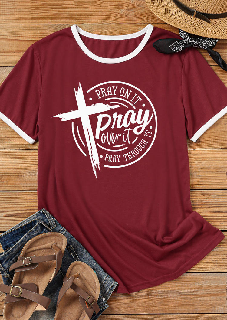 

T-shirts Tees Pray On It Pray Over It Pray Through It Cross T-Shirt Tee - Burgundy in Red. Size