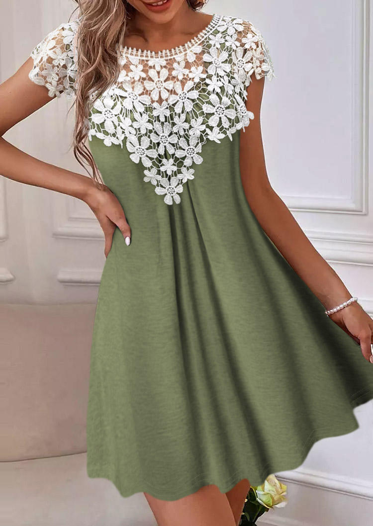 Floral Lace Splicing Ruffled Hollow Out Mini Dress - Army Green