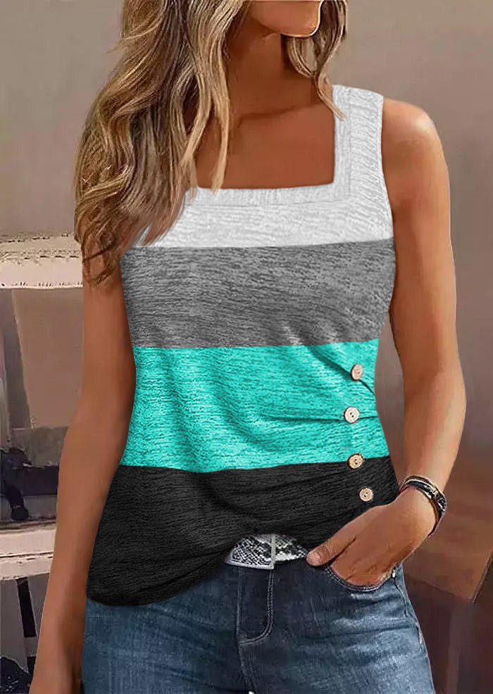 Color Block Ruched Button Square Collar Tank