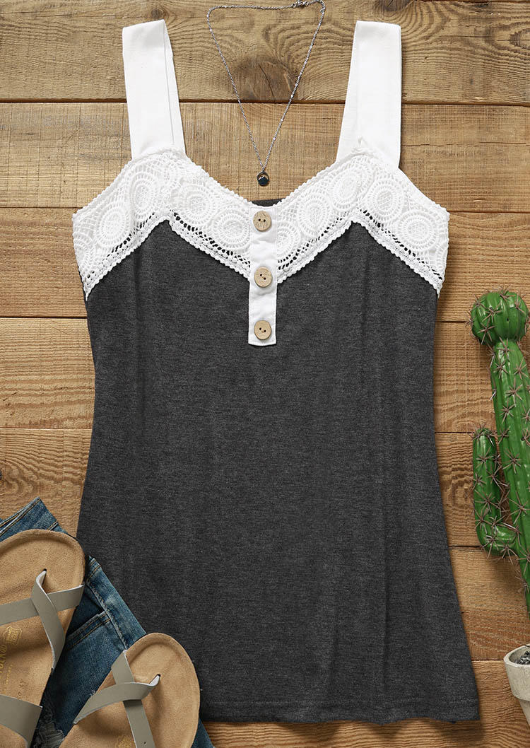 

Tank Tops Color Block Lace Splicing Button Tank Top in Multicolor. Size: L