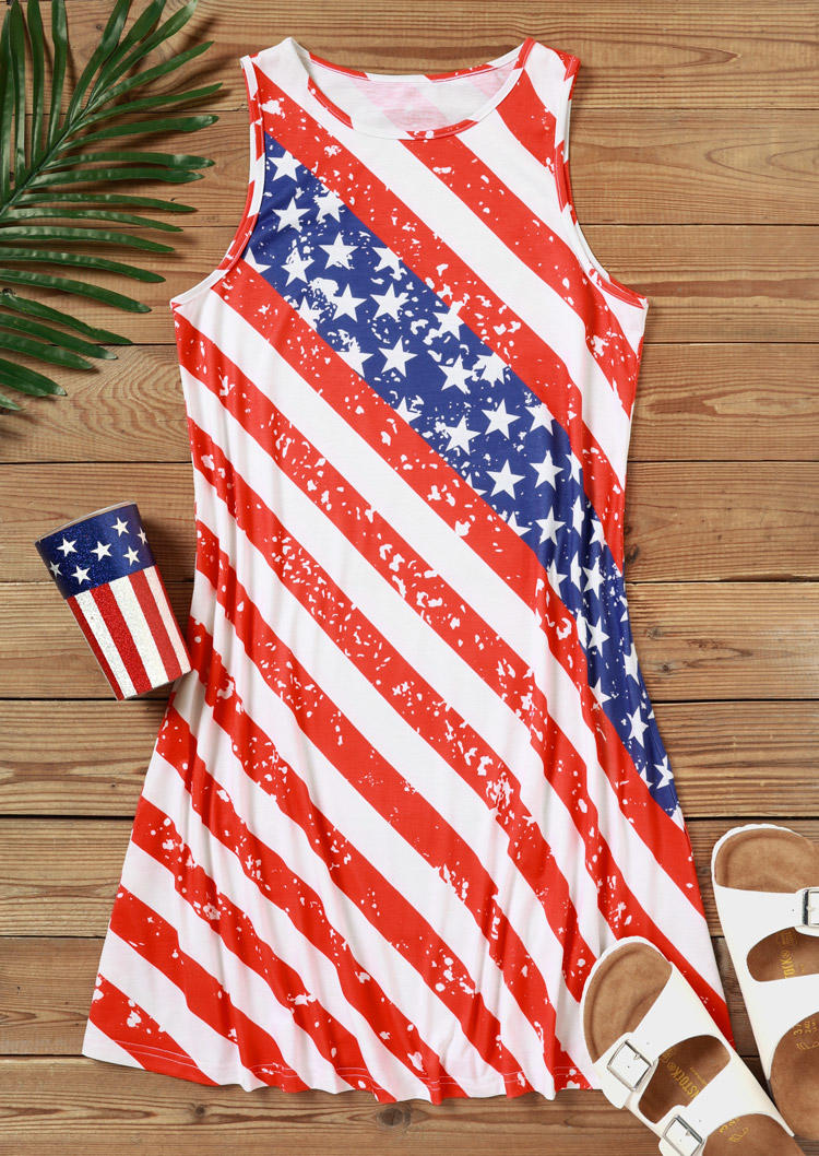 

Mini Dresses American Flag O-Neck Sleeveless Mini Dress in Multicolor. Size: L,M