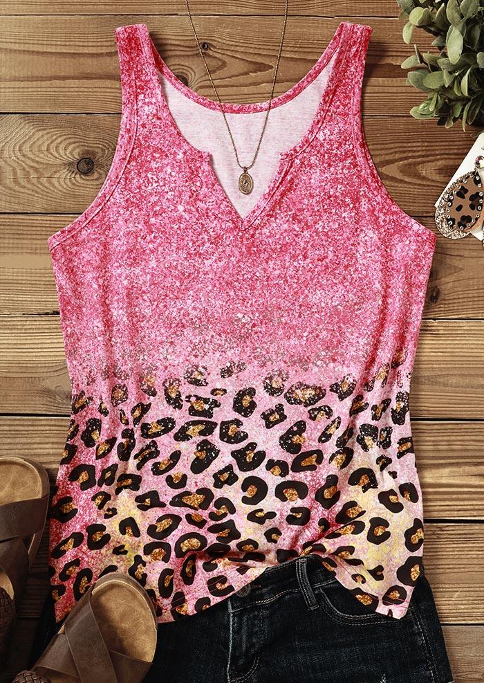 

Tank Tops Leopard Glitter Notched Collar Tank Top in Pink. Size