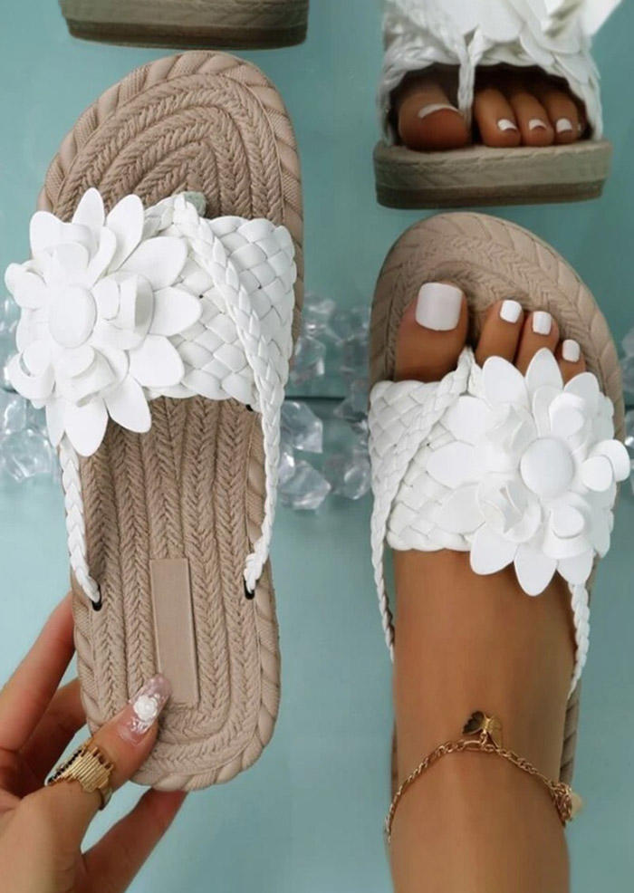 Floral Trendy Flip Flops Flat Slippers without Anklet - White