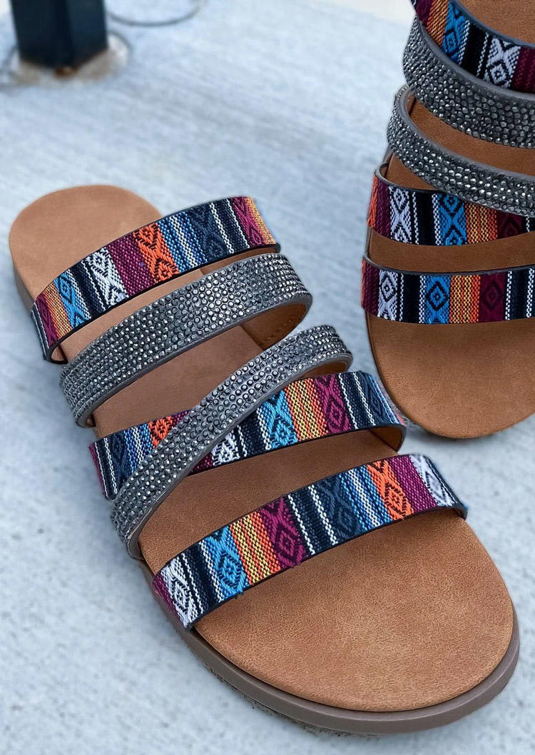 Aztec Geometric Color Block Criss-Cross Round Toe Flat Slippers
