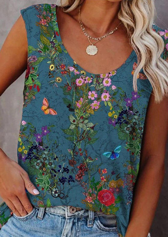 

Tank Tops Floral Retro U-Neck Tank Top in Blue. Size: L