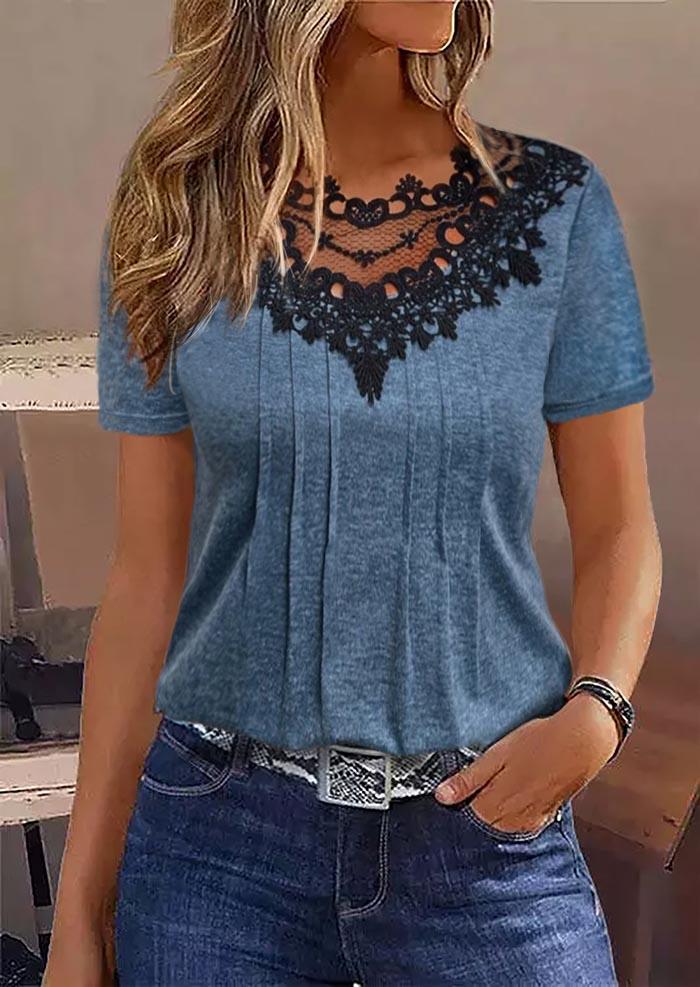 

Blouses Lace Splicing Ruffled Short Sleeve Blous - Navy Blue in Blue. Size: L,M,,XL