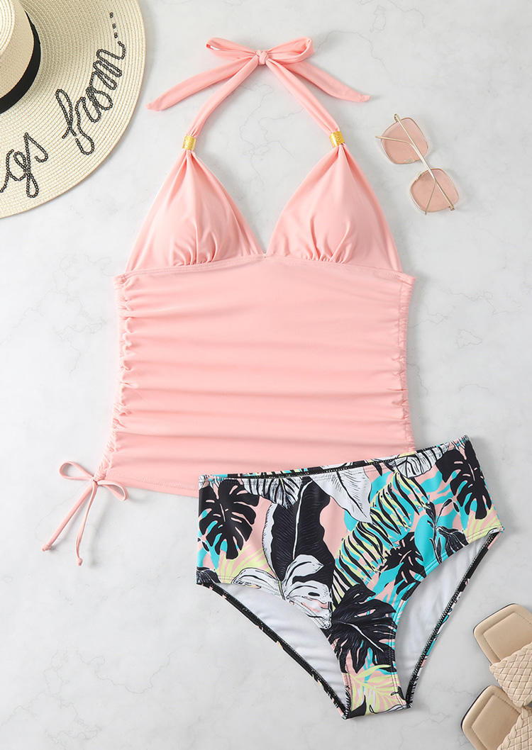 

Tankinis Palm Leaf Drawstring Halter Tankini Set - Light Pink in Pink. Size