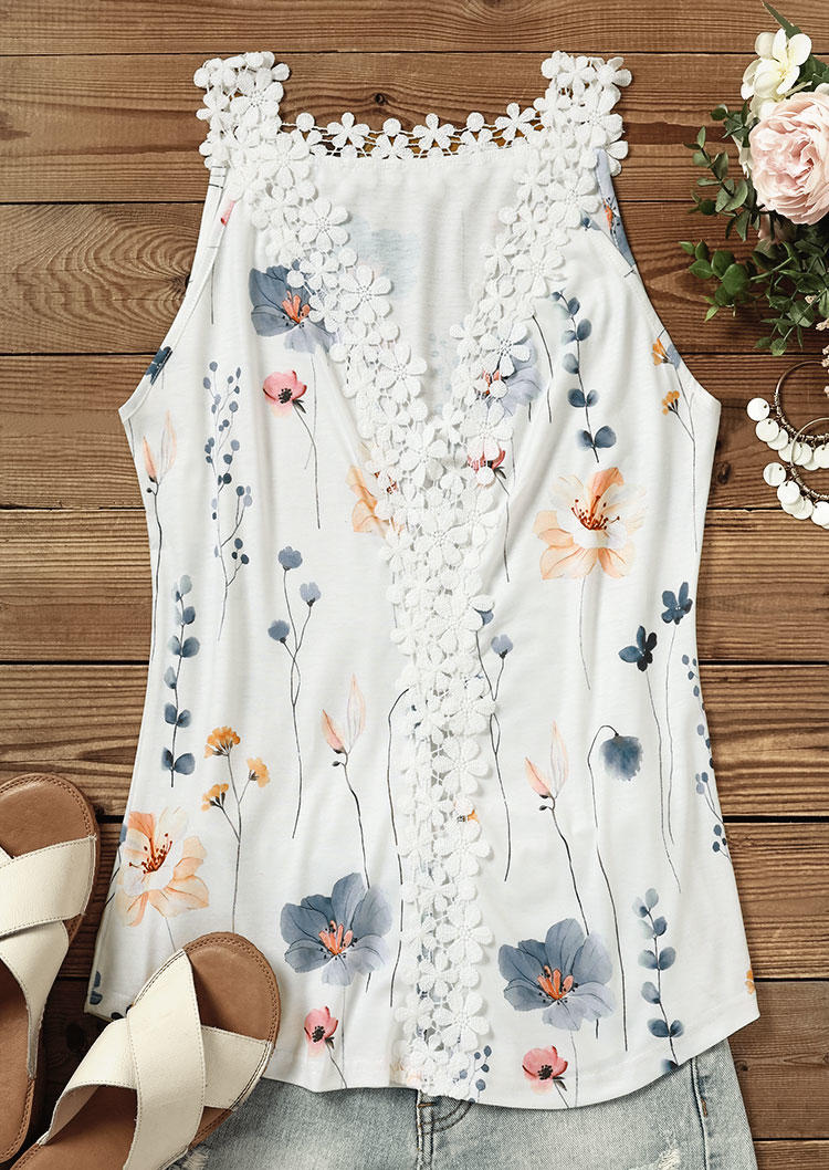 

Tank Tops Floral Lace Splicing V-Neck Tank Top in White. Size