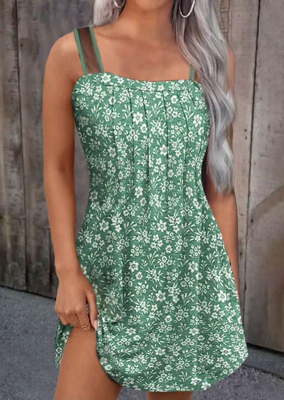 Ditsy Floral Ruffled Mesh Sleeveless Mini Dress - Green