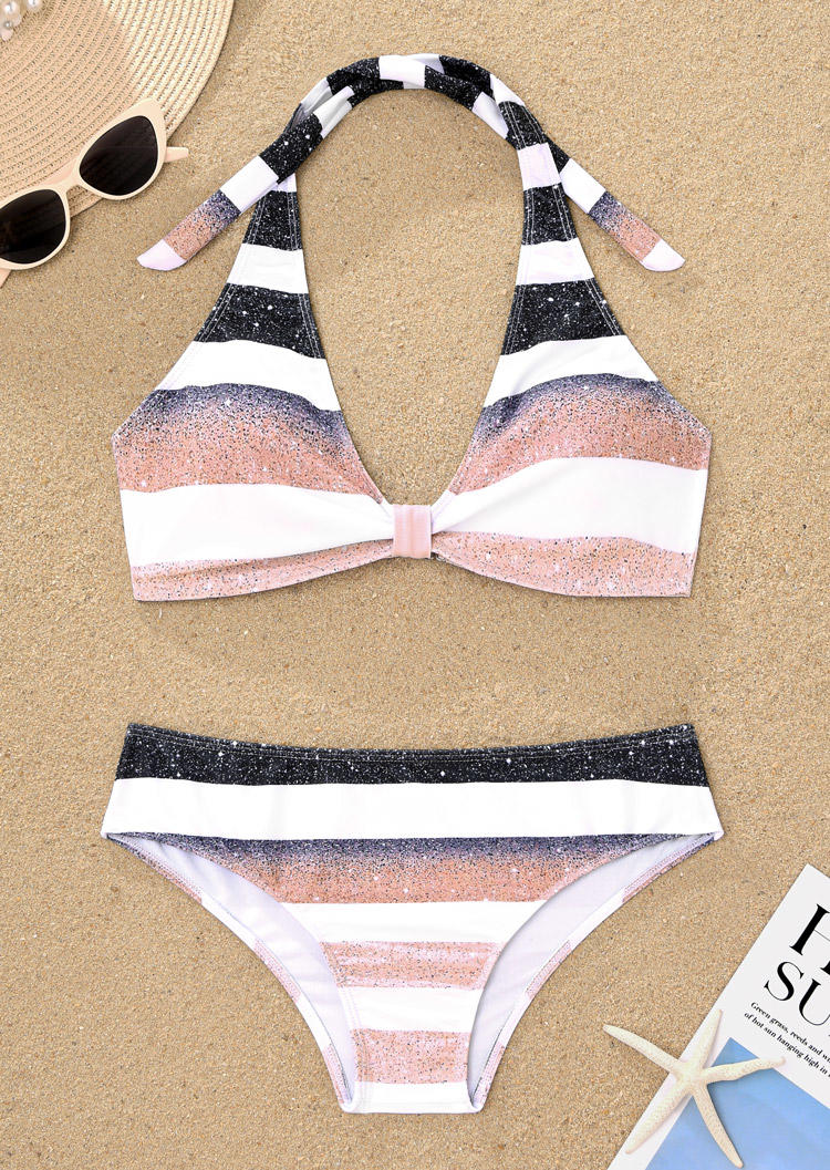 

Bikini Sets Glitter Striped Halter Tie Bikini Set in Multicolor. Size