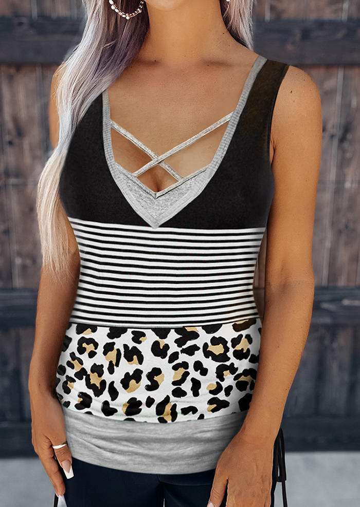 

Tank Tops Leopard Striped Criss-Cross Drawstring Fake Two-Piece Tank Top in Multicolor. Size: L,M,,XL