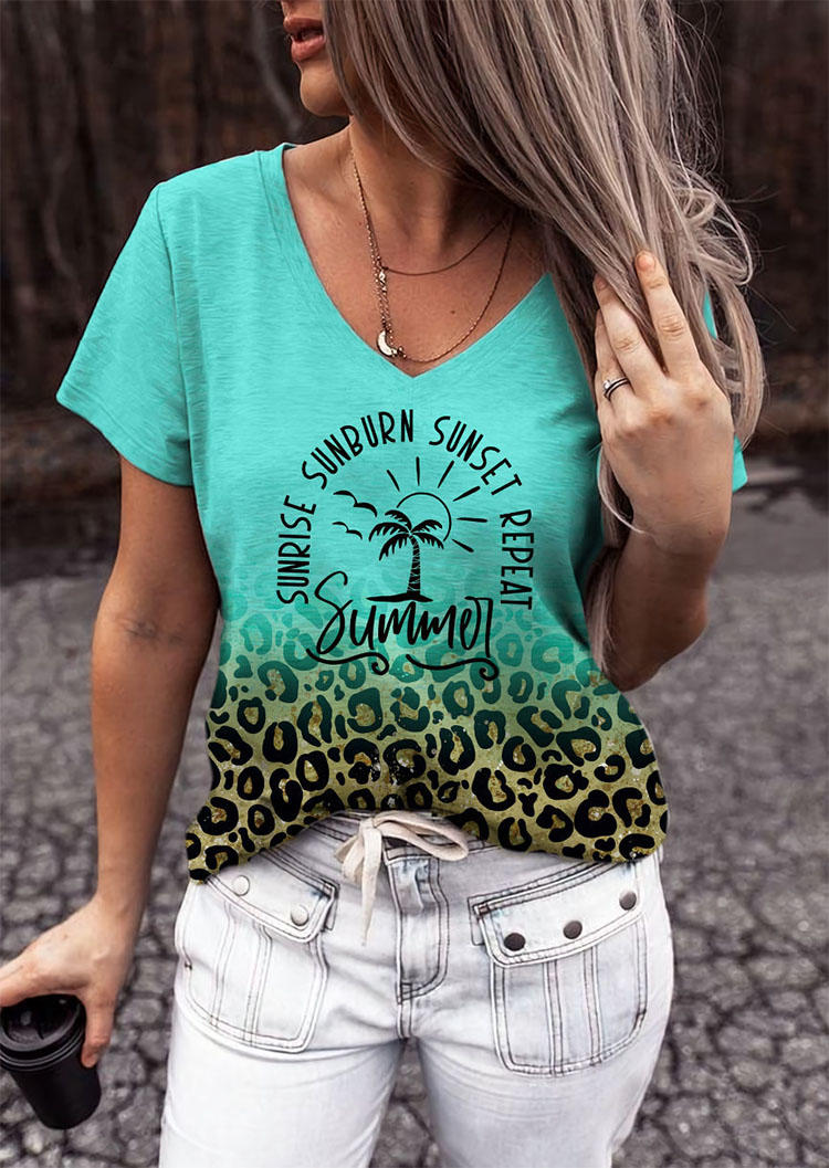 

T-shirts Tees Summer Sunrise Sunburn Sunset Repeat Coconut Tree Leopard T-Shirt Tee - Cyan in Blue. Size: M
