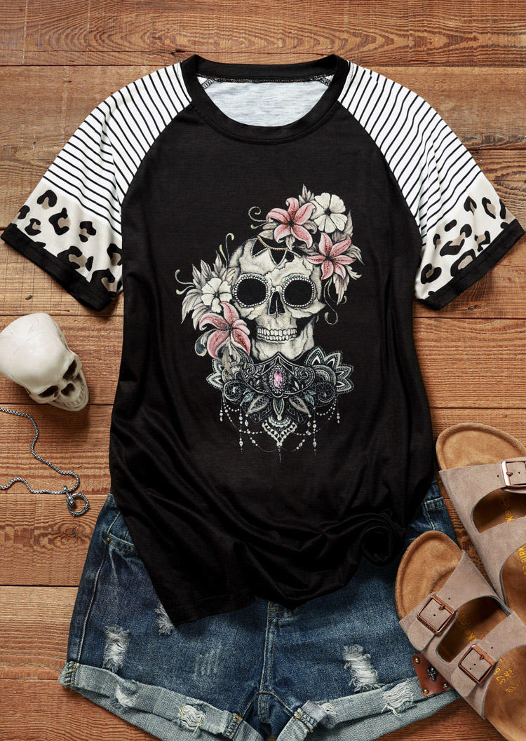

T-shirts Tees Skull Floral Mandala Striped Leopard T-Shirt Tee in Black. Size