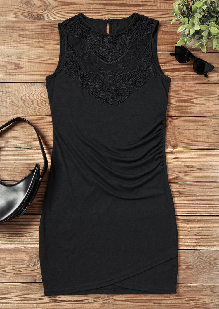 

Bodycon Dresses Lace Splicing Ruched Wrap Sleeveless Bodycon Dress in Black. Size