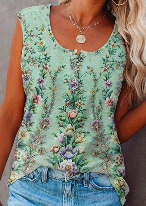 

Tank Tops Floral Button Casual O-Neck Tank Top in Multicolor. Size: L,M,,XL