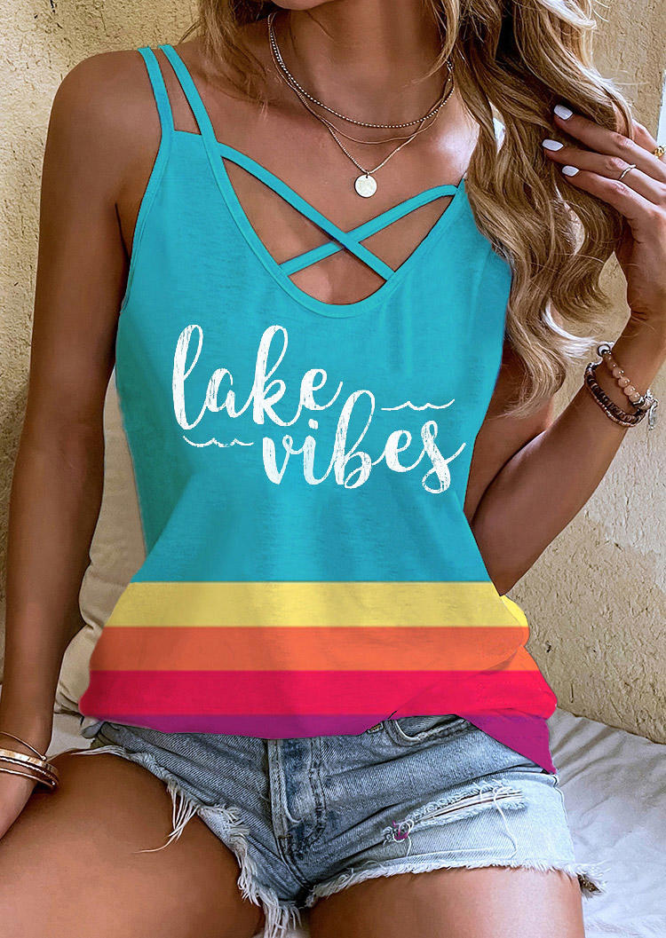 

Tank Tops Lake Vibes Striped Criss-Cross Hollow Out Tank Top in Blue. Size: L,M,,XL