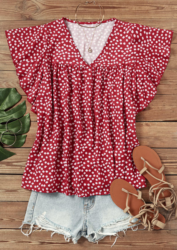 Ditsy Floral Ruffled V-Neck Blouse - Red