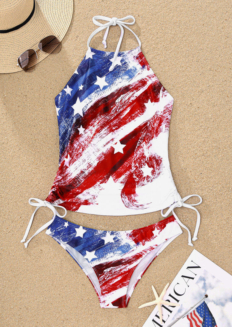 

Tankinis American Flag Drawstring Halter Tankini Set in Multicolor. Size