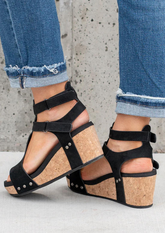 Studded Hollow Out Peep Toe Wedge Sandals - Black