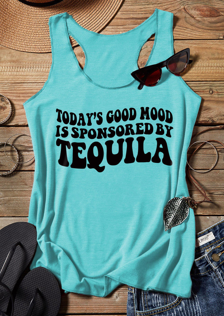

Tank Tops Today' Good Mood Is Sponsored By Tequila Racerback Tank Top - Cyan in Blue. Size